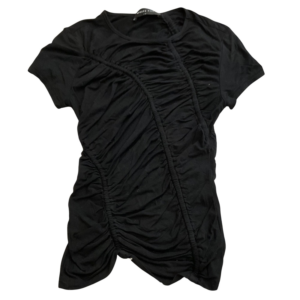 White Fox Black Ruched Short Sleeve Top Asymmetrical Hem Crew Neck Small